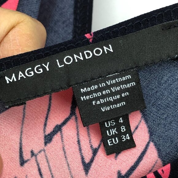 Maggy London Coral Leaf Pattern Faux Wrap Dress Size 4 - Picture 5 of 16